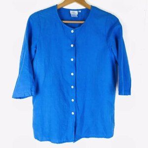Hot Cotton XS Blue Linen Blend Button Front Lagenlook Shirt Blouse 3/4 Sleeve